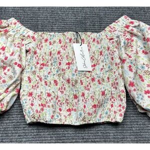 Sokie Collective Puff Sleeve Smocked Top Womens XL Off Shoulder Blouse Floral‎